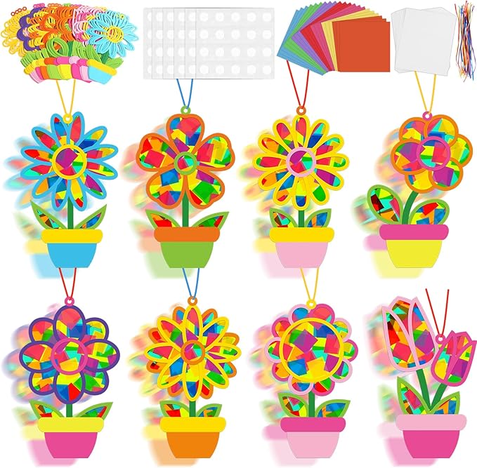 32 Sets Spring Suncatchers Craft Kit Flower Pot DIY Window Art Sun Catchers Stained Glass Ornament Colorful Plant Paper Crafts Home School Classroom Decorations Creative Project Activity Game