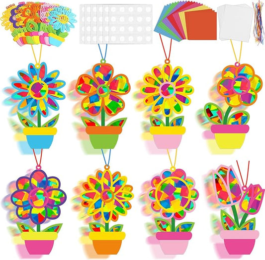 32 Sets Spring Suncatchers Craft Kit Flower Pot DIY Window Art Sun Catchers Stained Glass Ornament Colorful Plant Paper Crafts Home School Classroom Decorations Creative Project Activity Game
