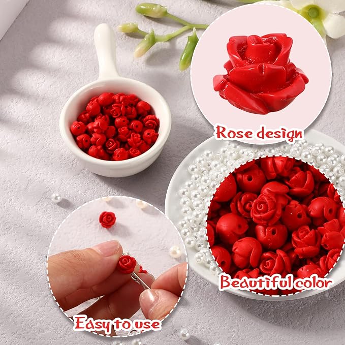 Highergo 1220 Pcs Rosary Making Supplies Rosary Pearl Beads Carved Rose Cross Centerpiece Crucifix Medal Silver Jesus Maria Pendant for Bracelet Necklace Jewelry, Red