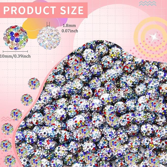 200 Pcs 10mm Rhinestone Beads for Jewelry Making, White Color Shiny Round Shamballa Disco Baseball Necklace Beads Sparkle Crystal Clay Pave Rhinestones Bead for DIY Bracelet Earring Making Supplies