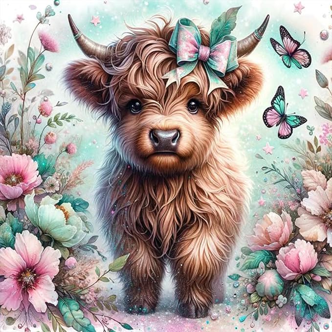 Camocin Diamond Art Kits for Adults Highland Cow, 5D Highland Cow Diamond Painting Kits for Adults Beginners, DIY Flowers Full Round Dots Drill Gem Art Kit for Gift Home Wall Decor 14 x 14 Inch