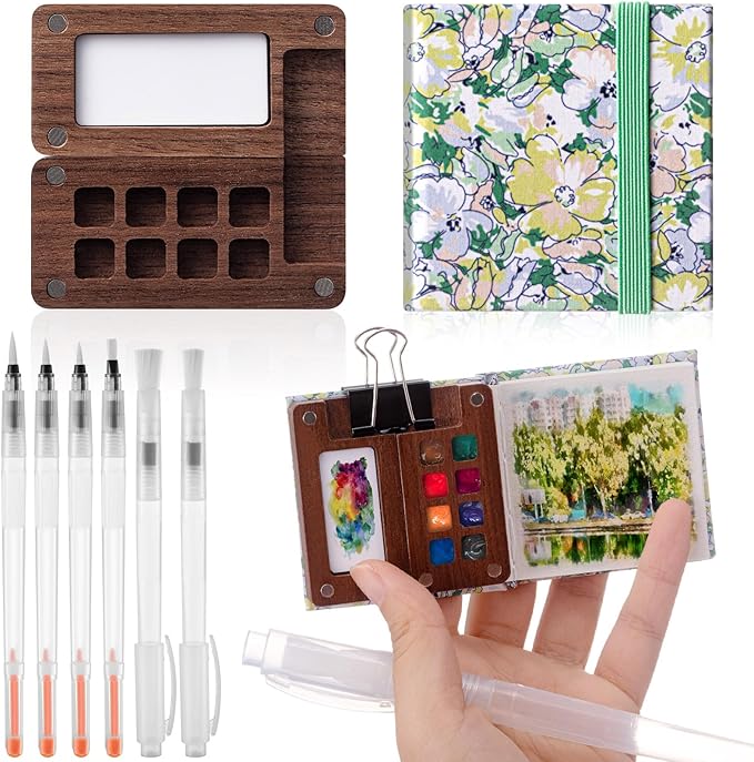 Qilery Mini Portable Watercolor Palette Set Wooden Grid Paint Box Watercolor Paper Sketch Book Brush Pens with Binder Clip for Painters Artist Not Include Paint(Small Flowers)