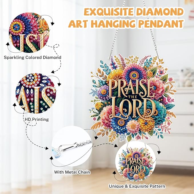 Bowetile Praise The Lord Diamond Art Hanging Kits for Adults, Diamond Art Suncatchers Easter, 5D Special Shape Diamond Painting Pendant Window Ornament Gifts for Home Wall Garden Decor