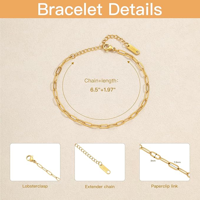 Swyabi 10 PCS Stainless Steel Bracelet Chains for Jewelry Making 6.5Inch Gold Plated Paperclip Chain Bulk with Extender
