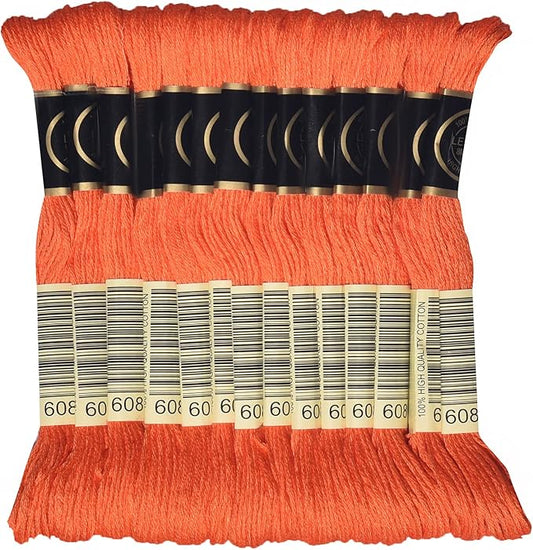 LE PAON Embroidery Floss, 14-Pack Six Strands 100% Long Staple Cotton Embroidery Thread, 8.7-Yard，Color Number：608,Bright Orange