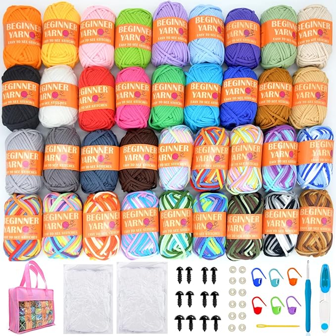 36 Pack Beginners Crochet Yarn Blue Pink Rainbow Cotton Crochet Yarn for Crocheting Knitting Beginners with Easy-to-See Stitches for Beginner Crochet Kit-36x25g（Storage Bag）