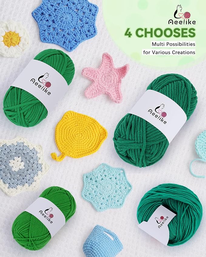 Aeelike Beginner Crochet Yarn Kit w 4 Different Materials Green Yarns (Polyester, Cotton, Acrylic, Milk Cotton,) & 2 Ergonomic Hooks (G&7), Ideal Starter Crochet Set for Beginners