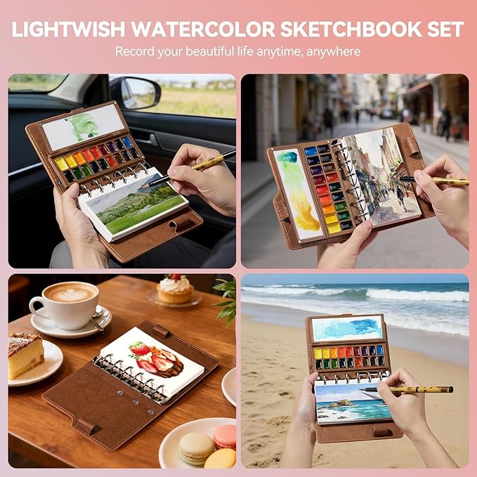 Portable Watercolor Sketchbook Set - 100% Cotton 5.1x3.0 Inch Cold Press 20 Sheets Binder Art Journal with 18-Well Ceramic Paint Palette & Travel Watercolor Brushes for Artists Outdoor Painting