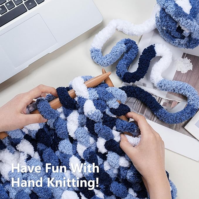 Chunky Yarn for Hand Knitting - #10 Chunky Chenille Blanket Yarn, Jumbo Big Thick Chunky Yarns for Crocheting, Tie Dye Bulky Knit Yarns, 8 Skein (25 yds 8 oz Each Skein), Multi Blue & White
