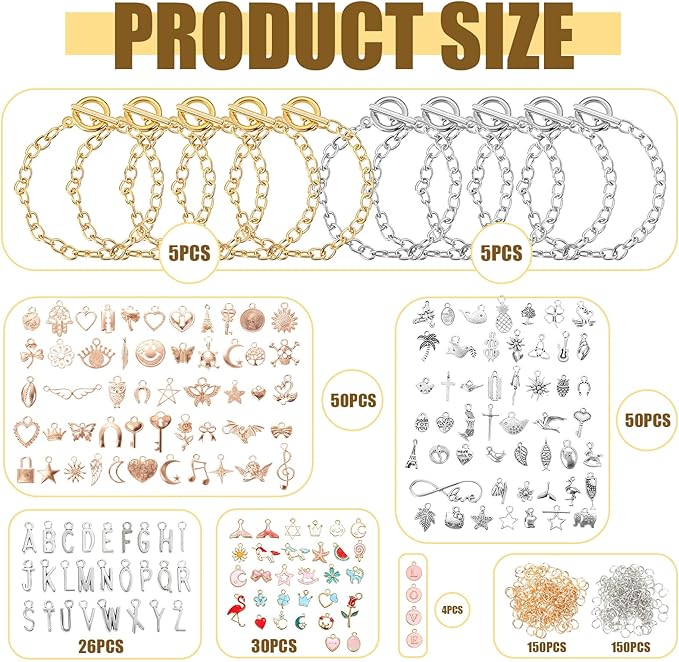 EBOOT Highergo 470 Pcs Charm Bracelet Making Kit Gold and Silver Paperclip Chain Bracelets with Ot Toggle Clasp Charms for DIY Jewelry Making