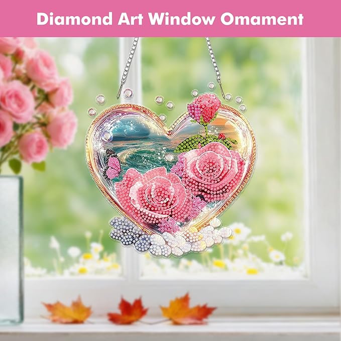 Miwixy Roses in Love Hanging Diamond Art Kits for Adults,Valentine Beach Special Shaped Crystal Diamond Painting Ornament Kit DIY Double-Sided Pattern Window Pendant Gem Art for Home Wall Decor