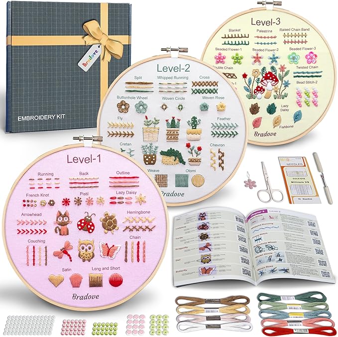 bradove beginner embroidery kit for adults kids, learn to embroider 37 stitches and 13 cute patterns, stitches kit, bead embroidery kit, beginner embroidery practice