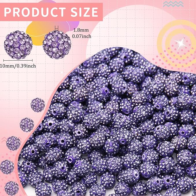 100 Pcs 10mm Rhinestone Beads for Jewelry Making, Purple Shiny Round Shamballa Disco Baseball Necklace Beads Sparkle Crystal Clay Pave Rhinestones Bead for DIY Bracelet Earring Craft Making Supplies