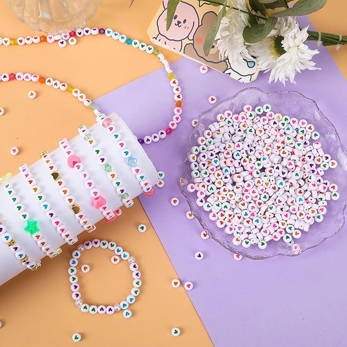 Augshy 700Pcs Round Heart Beads,Valentine's Day Acrylic Heart Beads for Bracelets Jewelry Making Lanyard Necklace Friendship Bracelets(4 x 7 mm)