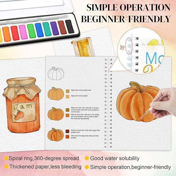 APOLYONE 2-Pack Beginner Watercolor Workbooks: 24 Coloring Pages + 12 Watercolor Paints + Brush – 300gsm/140lb Paper – Gift for Women, Adults & Beginners (Autumn & Kitchen)