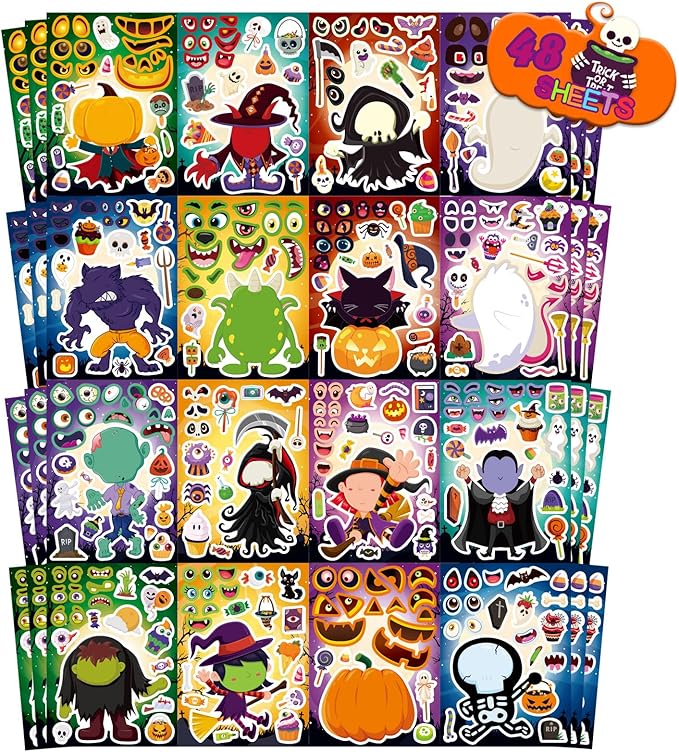 48 sheets halloween make a face stickers for kids, 16 design make your own character mix and match stickers sheets halloween party favor