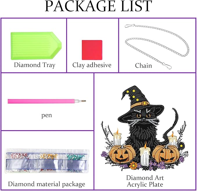 Pavemlo Hanging Diamond Art Kits for Adults Halloween Cat – 8x8 Inch Double-Sided Acrylic Board DIY Crystal Diamond Suncatcher Pendant, Sparkling Home Wall or Window Decoration Handmade Gift
