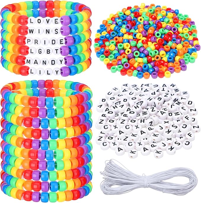 Highergo 1200 Pcs Rainbow Gay Pride Bracelet Sets Making Kit LGBT DIY Wristband Adjustable Bead Craft Kit with 944 Inch Elastic Cord for Pride Day Month Parades Decorations Party Accessories Supplies