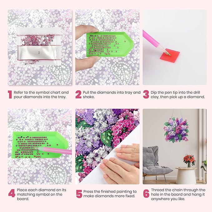 MXJSUA Lilac Flowers Diamond Art Hanging Kits for Adults Beginners, DIY Acrylic Special Shaped Crystal Diamond Gem Drills Pendant Art Painting Ornament for Home Wall Decor Gift 8x8 inch