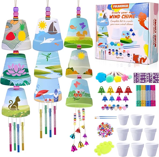 3 Pack Wind Chime Making Kit- Wind Chime Craft Painting Kit-Ceramic Pot, Bells, Stencils and Beads DIY Crafts Gifts for End of Year Student, Christmas, Birthday, Summer Decor