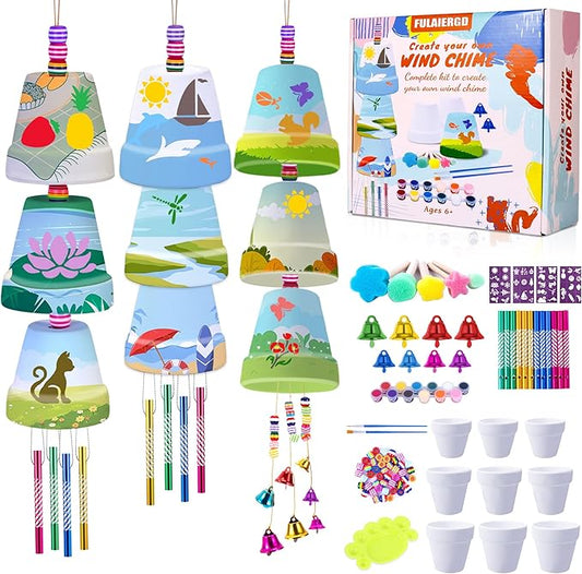 3 Pack Wind Chime Making Kit- Wind Chime Craft Painting Kit-Ceramic Pot, Bells, Stencils and Beads DIY Crafts Gifts for End of Year Student, Christmas, Birthday, Summer Decor