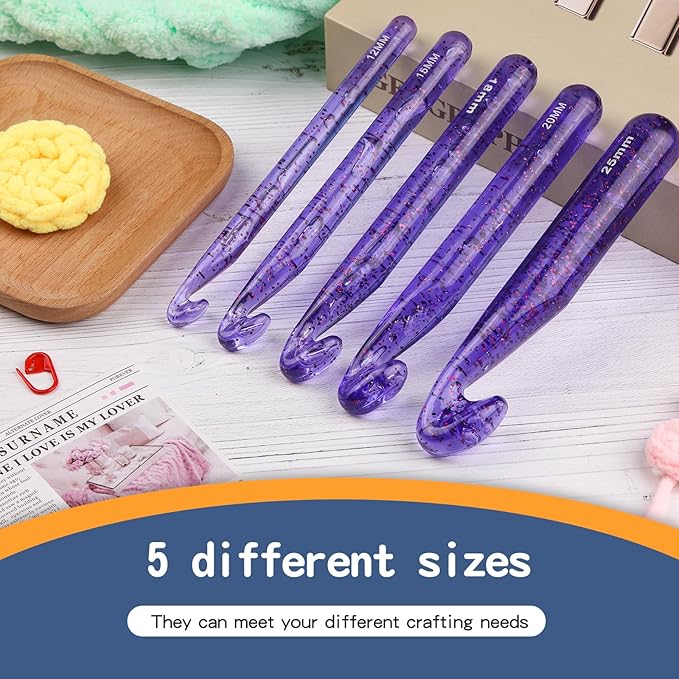 Qmnnma Large Crochet Hooks, 5 Large Crochet Set, 12mm-25mm Huge Purple Transparent Crystal Crochet Hooks for Crocheting Yarn, Chunky Yarn, DIY Crafts