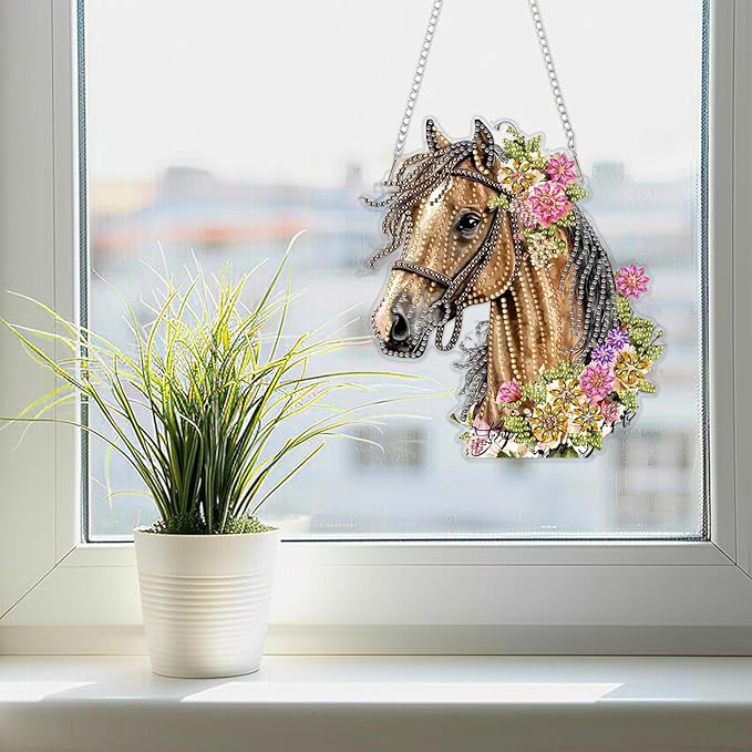 SENQAO Horse Hanging Diamond Art Painting Kits for Adults Beginners, 5D Special Shape Diamond Art Kits, Flower Crystal Rhinestones Diamond Gem Art Painting for Home Garden Wall Decor