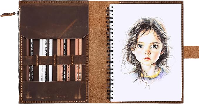 Leather Sketchbook Cover for A5/5.5"x8.5" sketch pads - Handmade Genuine Leather Artist Case with Pencil Holder & Zipper Pocket, Professional Drawing Supplies (Brown, 5.5"x8.5")