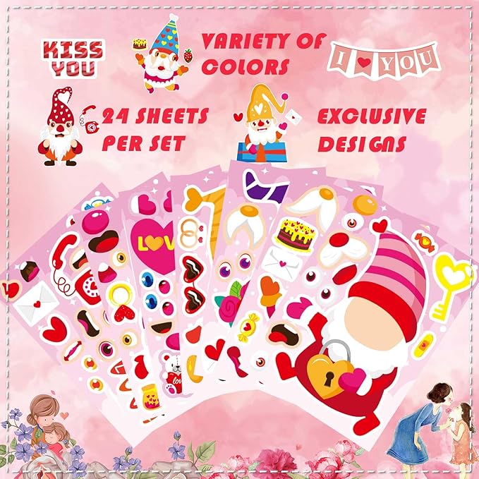 24 sheets valentine stickers for kids make a face sticker, valentines day stickers make your own valentine gnome stickers valentine' s day themed party favors supplies