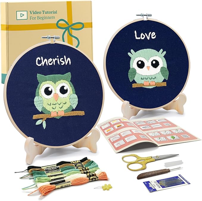 bradove embroidery kit for kids and adults, owls embroidery kit for beginners, easy needlepoint starter kit with 2 display stands