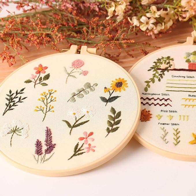 harimau 4p beginner embroidery kit,natural landscape pattern,cross stitch kits, including stamped embroidery cloth with 2 embroidery hoops, multicolor color threads for embroidery kits