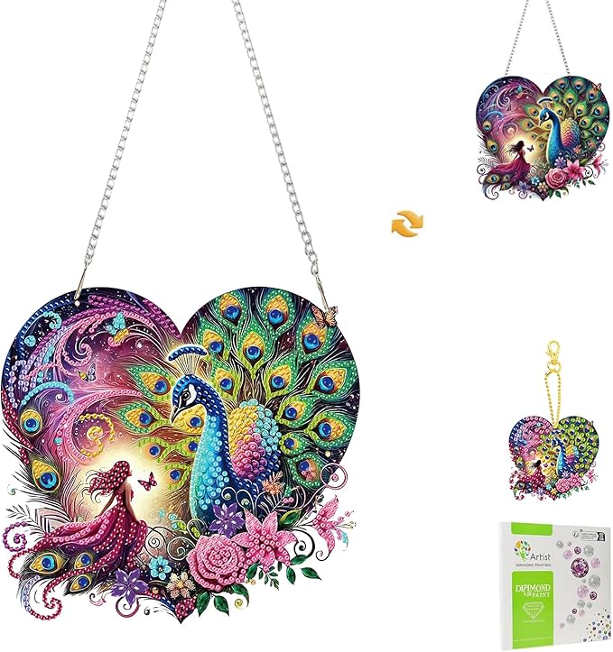 Masendp Peacock Diamond Painting Double-Sided Hanging Ornament Set, DIY Irregular Shaped Rhinestone Window Decoration Set, Suitable for Home and Garden Wall Decoration Gifts
