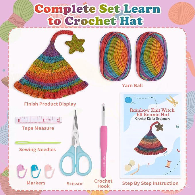 Alvian Elf Hat Crochet Kit for Beginners Rainbow Crochet Beanie Kit Knitting Kit for Beginners Adults Handmade Winter Toque (Red)
