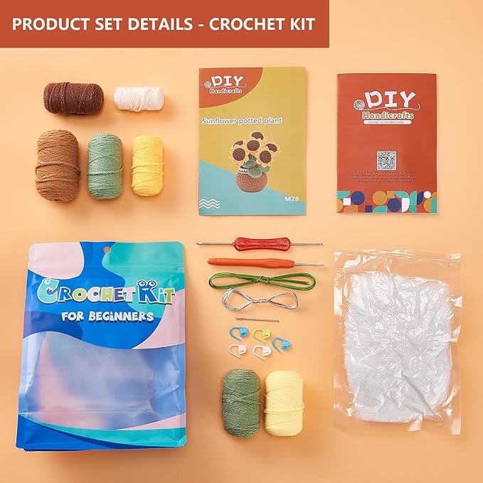 ADDZRZR Easy Crochet Sunflower Kit for Beginners Adults,Includes 8 Yarns,7 Crochet Hooks & More, Beginner Crochet and Knitting Kits for Adults & Teens