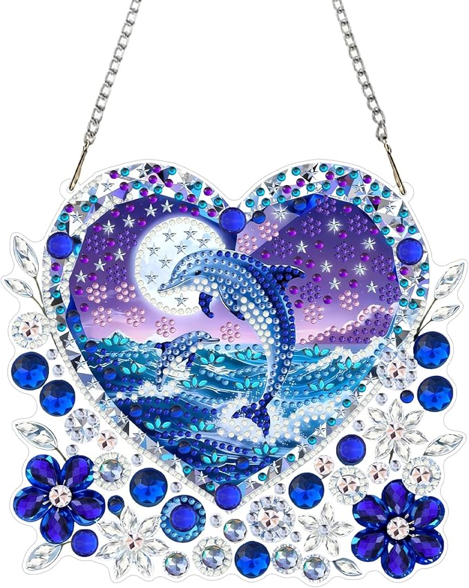 CEOVR Dolphin Hanging Diamond Art for Adults, Ocean Dolphin Love Diamond Painting Pendant DIY Gem Art Wall Ornament, Acrylic Home Garden Decor with Chain, Box Kit 7.87×7.12inch