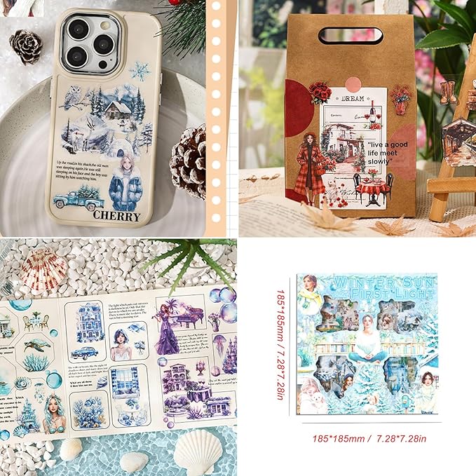 500PCS Scrapbook Supplies Stickers Kit, Snow House Landscape People Transparent Waterproof Stickers for Junk Journals, Aesthetic Scrapbooking Supplies for Decoration Art Crafts, Planners, Laptop