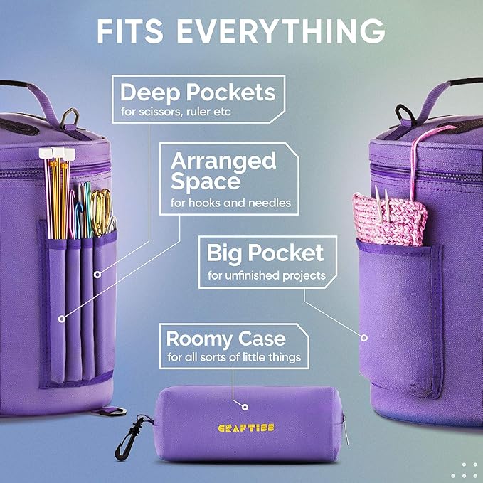 CRAFTISS Knitting Bag Yarn Storage - Gift for Crocheters - Durable Canvas Yarn Holder for Crochet Accessories - Organizer Crochet Bag with Knitting Accessories Case (Purple)
