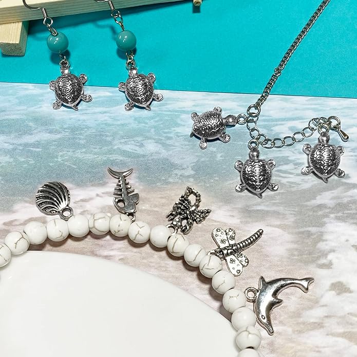 Heather's cf Silver Sea Charms – Antique Pendants, Non-Tarnish, Lead-Free & Nickel-Free, Bulk Ocean Animal Charms for DIY Jewelry, Bracelets, Necklaces, Earrings, Beach Craft Supplies (Sea Animals)
