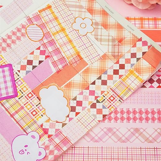 YUBX Basic Grid Washi Tape Set 12 Rolls Plaid Decorative Masking Tapes for Arts, DIY Crafts, Journals, Planners, Scrapbook, Wrapping (Pink)