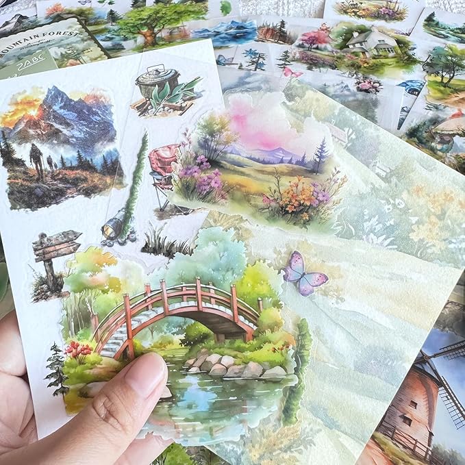 64 Sheets Vintage Floral Scrapbooking Kit, Precut Floral Natural Garden Flowers Butterfly Transparent PET and Washi Stickers with Scrap book Paper for Scrapbook Supplies Junk Journals Craft (Mountain)