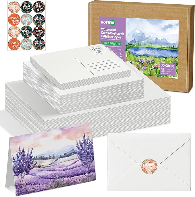 30 Pack Blank Foldable Watercolor Cards with Envelopes 4"x6", 10 Sheets Watercolor Postcards, 140lb/300gsm Heavyweight 100% Cotton Cards for Painting, Greeting, Birthday Valentine