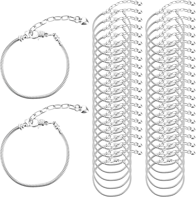 40 Pcs Snake Chain Charm Bracelet Adjustable Snake Charm Bracelet with Heart Lobster Clasp Extender Chain for Women Jewelry Making DIY Gifts Supplies