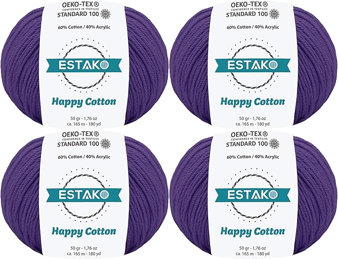 Estako Happy Cotton, (4 Skeins Pack) 60% Cotton 40% Acrylic Yarn, Soft, Fine/Sport (2) for Crochet and Knitting (4 x 1.76 Oz) / (4 x 180 Yrds) (4640 - Violet)