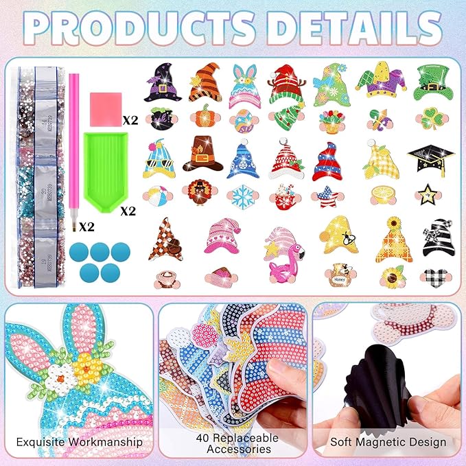 DoubleFill 42 Pcs Easter Diamond Kits St Patricks Day Interchangeable Wooden Table Decorations DIY Holiday Easter Party Seasonal Tiered Tray Art Decor Diamond Painting Magnets(Gnome)