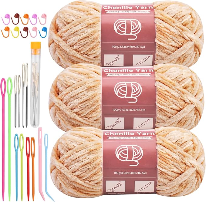 LUNARM Chenille Yarn for Crocheting Knitting, 3 Skein 263 Yard Thick Soft Chunky Fluffy Weaving Plush Yarn for Blankets Clothes Pattern Creations with Big Eye Needles (Light Brown)