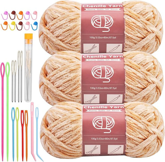 LUNARM Chenille Yarn for Crocheting Knitting, 3 Skein 263 Yard Thick Soft Chunky Fluffy Weaving Plush Yarn for Blankets Clothes Pattern Creations with Big Eye Needles (Light Brown)