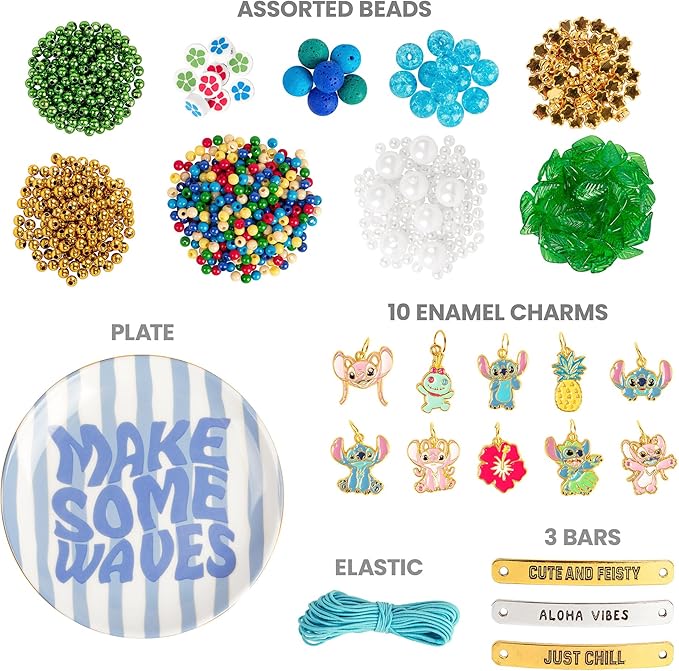 Fashion Angels Disney Stitch Jewelry Making Kit with Ceramic Trinket Tray – DIY Bracelet & Necklace Bead Set with Charms, Message Bars, and Elastic Cord for Kids & Tweens