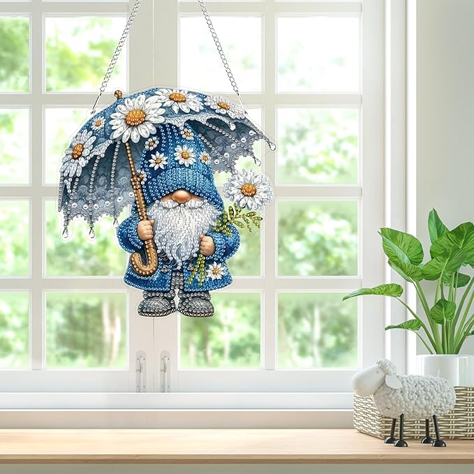 Bowetile Gnome Diamond Art Hanging Kits for Adults, 5D Special Shape Diamond Painting Daisy Pendant Kits, Gem Art Suncatchers Painting Window Ornament for Home Garden Wall Decor