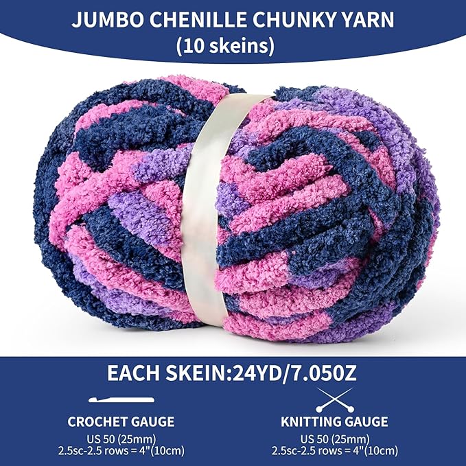 10 Pack Jumbo Chunky Yarn for Hand Knitting, Fluffy Variegated Chunky Chenille Yarn for Crocheting, 240yds/70.5oz Super Bulky Soft Crochet Baby Blanket Yarn(Vibrant Purple)