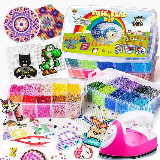 Goody King Board Fuse Beads Iron Set - Fuse Bead Kit for Kids Crafts with Bead Pegboard and Aqua Pony Beads, Pixel Art and Craft Kit (Large Set with Iron)